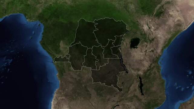 Zoom from Earth to Democratic Republic of the Congo - DRC. (with Provinces) World map animation with highlighted borders of countries. Images from NASA