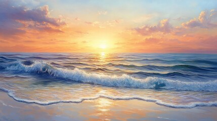 Fototapeta premium Summer sunset over the ocean with calm, reflective waves and a palette of bright warm colors. A peaceful seascape capturing the artful beauty of evening light.
