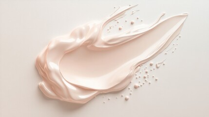 A digitally rendered image showing a splash of creamy liquid with small particles scattered around, suggesting a dynamic, smooth texture on a light background.