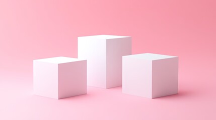 Obraz premium Three white cubes on a gentle pink pastel background. Minimalist design ideal for product showcases and 3D rendering technical presentations.
