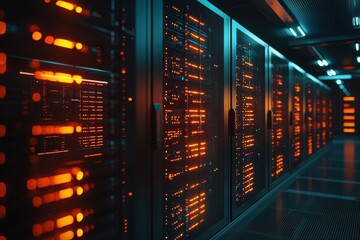 Network of Data: Rows of Server Racks with Blinking Lights in Vast Data Center Representing Constant Data Flow