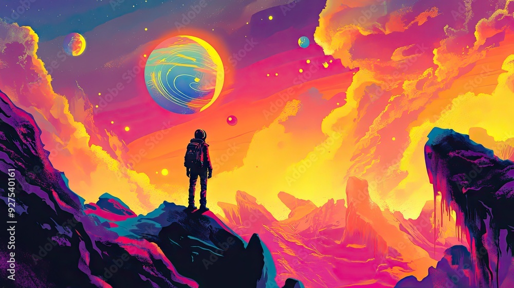 Fototapete vector art featuring a daring individual exploring an enigmatic planet, mesmerized by the celestial 
