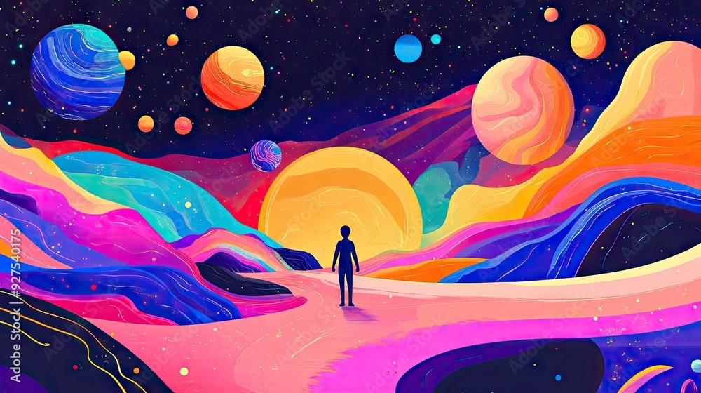 Fototapete vector art featuring a daring individual exploring an enigmatic planet, mesmerized by the celestial 