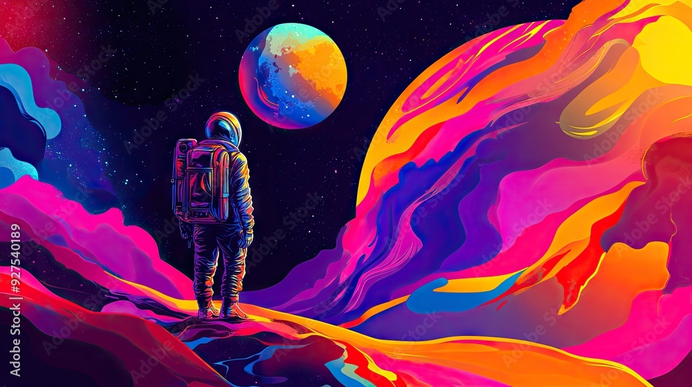 Fototapete vector art featuring a daring individual exploring an enigmatic planet, mesmerized by the celestial 