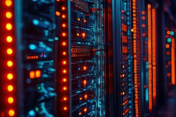 Inside a Data Center: Rows of Servers with Blinking Lights Symbolizing Continuous Data Flow