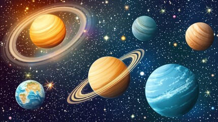 Vector diagram of the solar system with Earth, Jupiter, and Saturn. Background includes a galaxy and star-filled cosmos, designed for an astronomy infographic or educational poster.