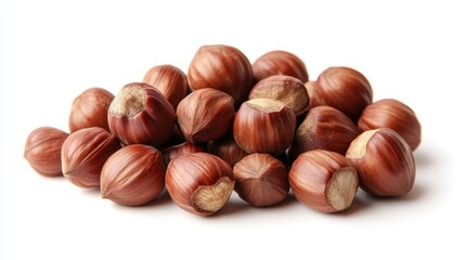 Obraz premium Hazelnuts isolated on a white background. Pile of Hazelnuts nuts closeup