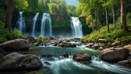 Obraz premium background view of a waterfall in the middle of a beautiful forest