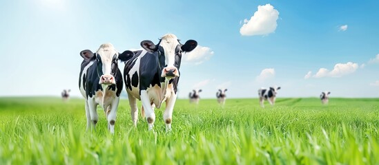 Cows grazing in a lush green meadow under a clear blue sky with clouds, depicting a serene rural landscape.