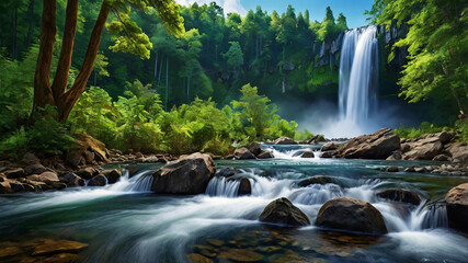 Obraz premium background view of a waterfall in the middle of a beautiful forest