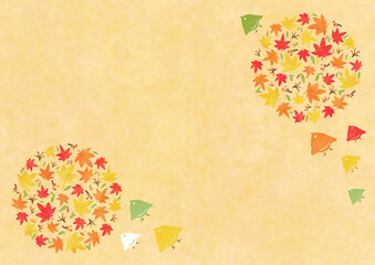 カラフル紅葉と鳥のイラスト背景