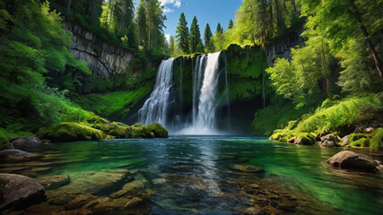 Fototapeta premium background view of a waterfall in the middle of a beautiful forest