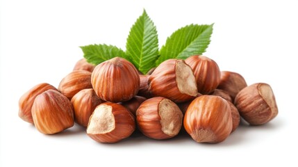 Hazelnuts isolated on a white background. Pile of Hazelnuts nuts closeup