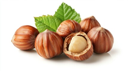 Fototapeta premium Hazelnuts isolated on a white background. Pile of Hazelnuts nuts closeup