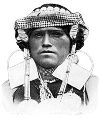 American peoples. Portrait of Mapuche woman. The Mapuche are a group of indigenous inhabitants of south-central Chile. Publication of the "Meyers encyclopedia", Vol. 7, Leipzig, Germany, 1910.