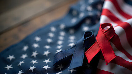 Red and blue ribbons on a softly focused American flag, symbolizing patriotism and remembrance
