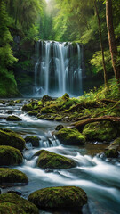 Fototapeta premium background view of a waterfall in the middle of a beautiful forest