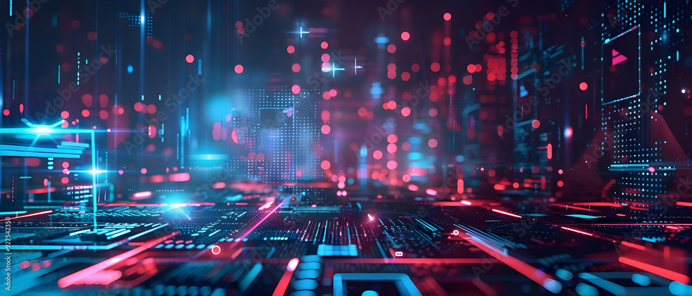 Poster a vibrant abstract futuristic technology background featuring glowing neon lights and digital patter