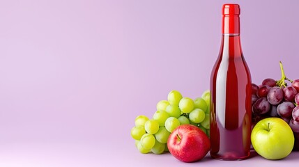 Obraz premium Red wine bottle with fresh green grapes, apples, and red grapes on a purple background. Perfect for wine and fruit-themed concepts.