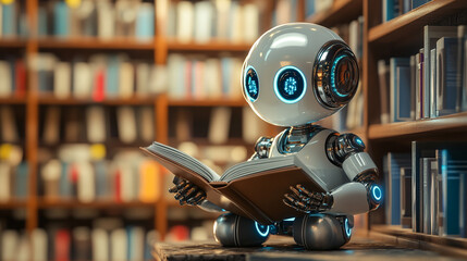 Fototapeta premium A small robot reading a book in a futuristic library filled with shelves of books