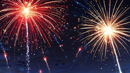 Fototapeta premium Anime style multicolor fireworks illustration with dark sky background