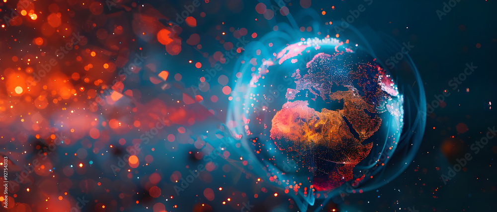 Poster A digital representation of Earth with glowing data connections, highlighting global networks, technology, and digital communication concepts.
