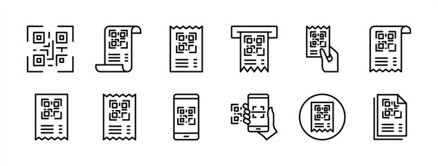 Receipt QR code or number thin line icon set. Containing payment barcode, paying or purchase code scanning, mobile phone scanner. Vector illustration
