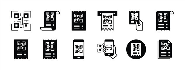 Receipt QR code or number icon set. Containing payment barcode, paying or purchase code scanning, mobile phone scanner. Vector illustration