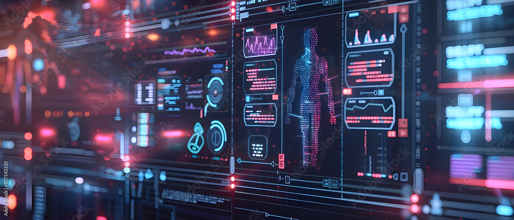 Leinwandbilder A futuristic digital interface displaying health data and human analytics, representing advanced healthcare technology and data-driven health monitoring.