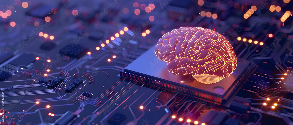 Fototapete A visual representation of artificial intelligence, depicting a glowing brain on a computer chip, symbolizing AI and advanced technology.