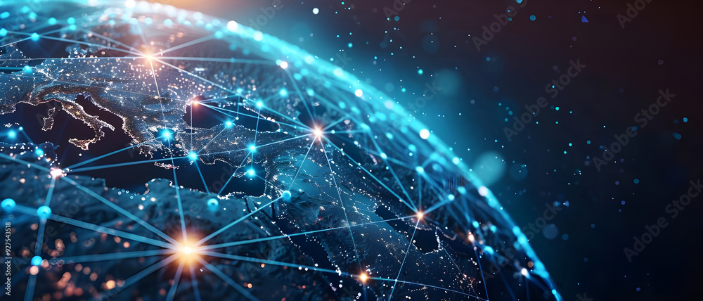 Poster A global digital network visualized with interconnected points, representing worldwide communication, data transfer, and advanced technology in a connected world.