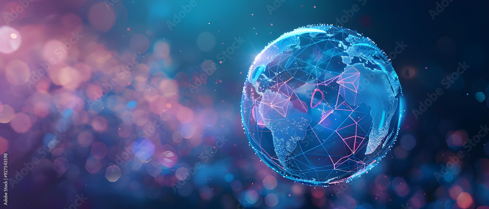 Poster A futuristic visualization of a global network, depicting interconnected points across the world in vibrant, dynamic colors on a digital globe.
