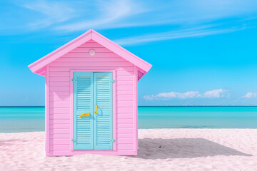 A pastel pink beach hut with a blue door stands against a serene backdrop of turquoise waters and blue skies. A minimalist coastal retreat.