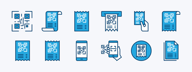 Set of receipt QR code or number icon. Containing payment barcode, paying or purchase code scanning, mobile phone scanner. Vector illustration
