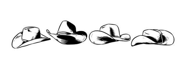 Set Hand drawn vintage engraving of cowboy hat. Isolated on white background. Vector illustration.