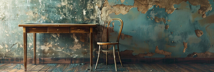 Empty Chair at the Table: An abandoned kitchen chair tucked against a bare, peeling wall.