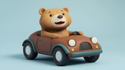 Adorable 3D Cartoon Bear Riding in a Compact Car with Expressive Details