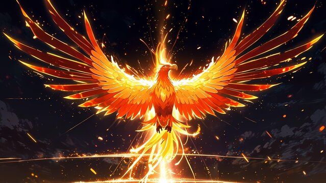 An illustration of a phoenix firebird flapping its glowing wings in the dark background