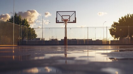 Basketball Hoop on a Wet Court at Sunset