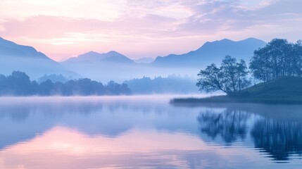 Fototapeta premium Serene Lake at Dawn with Mist - Breathtaking Photography
