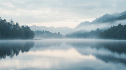 Fototapeta premium Serene Lake at Dawn with Mist - Stunning Landscape Photography 1
