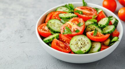 A fresh tomato and cucumber salad with a side of vitamin C tablets, light meal, vitamins, low-fat, crisp and refreshing.