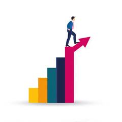 A businessman climbing a colorful bar graph with an upward arrow, symbolizing growth, success, and progress in business or career.