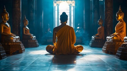 Silhouetted Buddha Statue in Buddhist Temple Sanctuary