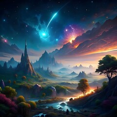fantasy shooting star landscape at night