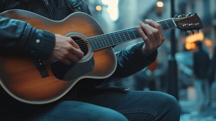 Obraz premium Street Musician Playing Acoustic Guitar