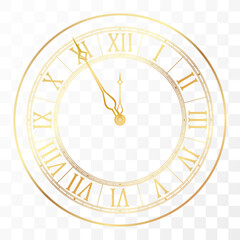 Golden elegant roman numerals clock. Antique time design. Luxury glossy golden clock face dial of round shape vector illustration isolated on white background