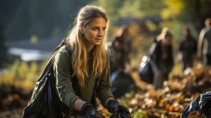 A diverse group of young volunteers, including a woman in gloves and a backpack, clean up trash in a forest. They use bags for recycling, promoting environmental stewardship and teamwork.