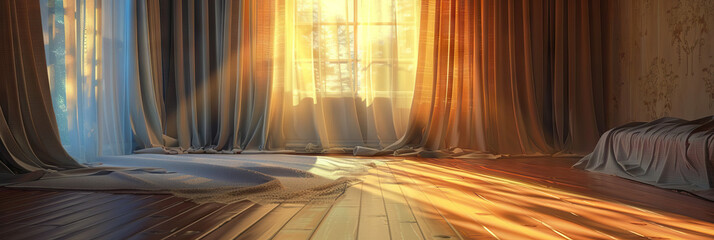 Vacant Room: An empty bedroom, with a single ray of sunlight streaming through the closed curtains.