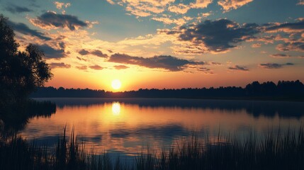 Fototapeta premium Tranquil Sunset: Serene Hues Over Calm Waters